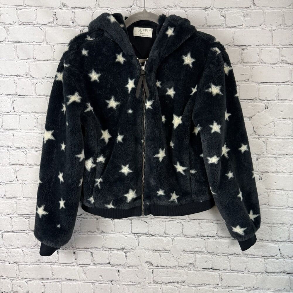 Z Supply London Star Bomber Jacket Faux Fur Hooded Zip Up Womens S Navy White - Picture 8 of 13